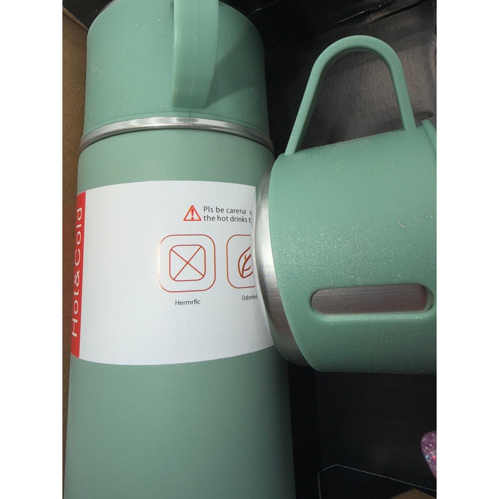 YEIUIEFI Vacuum Flask Set Sage Green Stainless Steel Thermal Bottle with 3 Cups - Picture 3 of 4